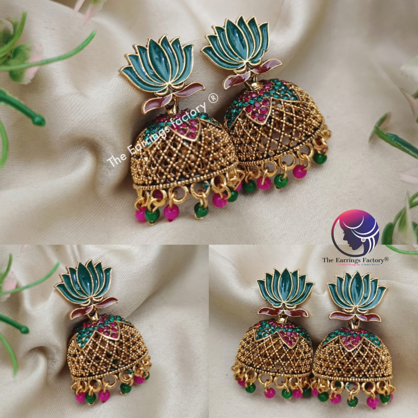 Traditional Golden Multi colour Pearl Beads Lotus  Stone Jhumka