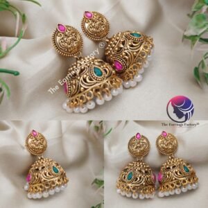 Traditional Golden Lakshmi Pearl beads Stone temple Jhumka