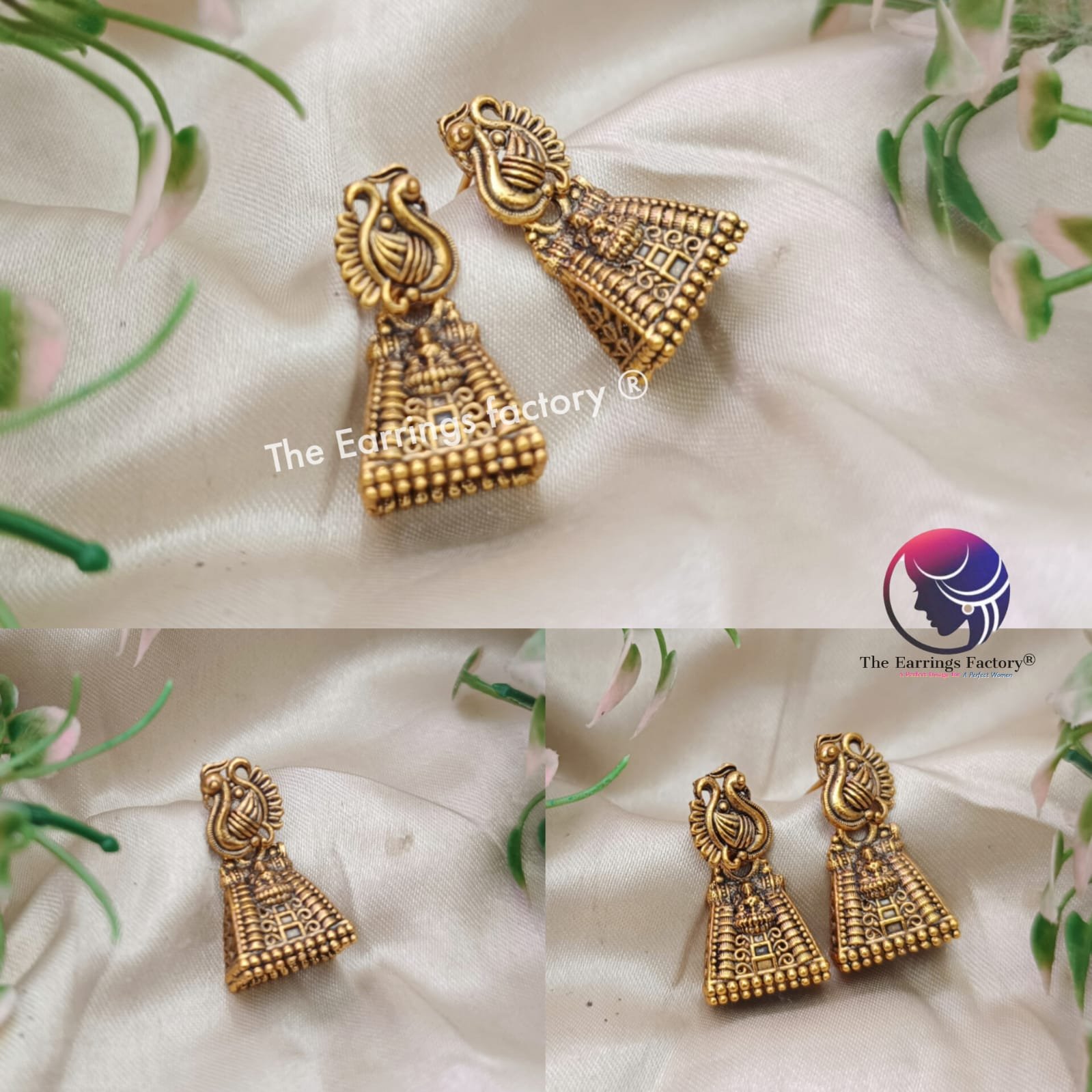 Traditional Gopuram Small Golden Peacock Jhumka