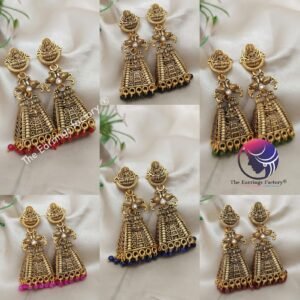 Traditional Gopuram Golden Colourful Pearl beads Lakshmi Stone Jhumka