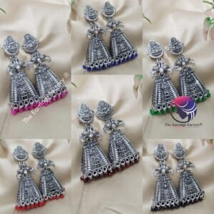 Traditional Gopuram Silver Colourful Pearl beads Lakshmi Stone Jhumka