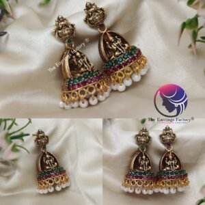 Traditional Golden Lakshmi Pearl beads Stone temple Jhumka