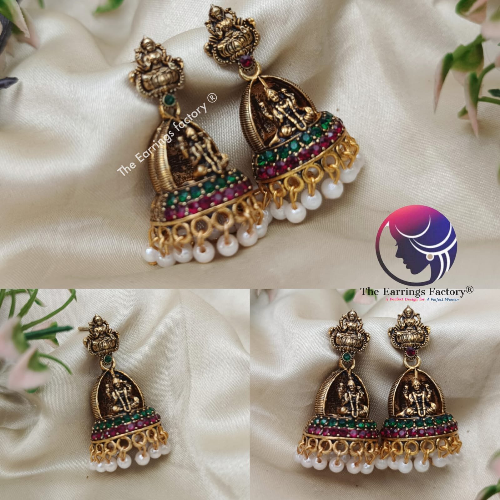 Traditional Golden Lakshmi Pearl beads Stone temple Jhumka