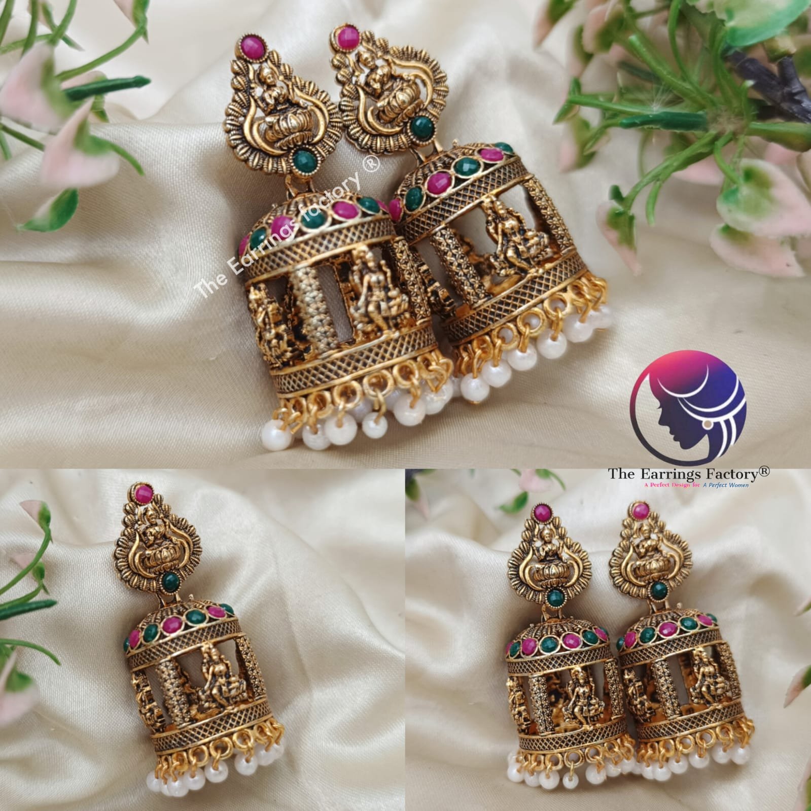 Traditional Golden Lakshmi Pearl beads Stone temple Jhumka