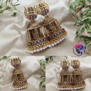 Traditional Golden Lakshmi Pearl beads Multi Stone temple Jhumka