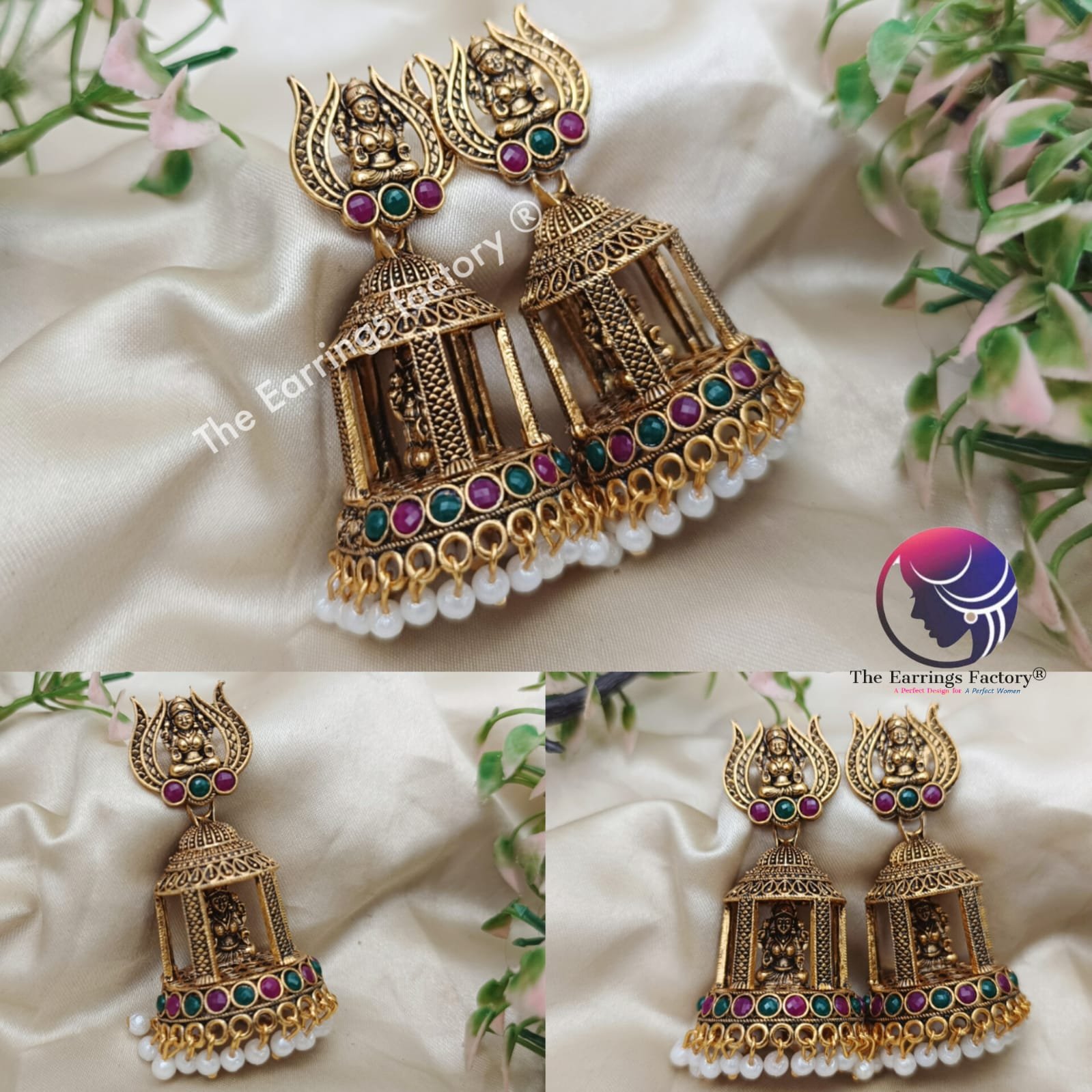 Traditional Golden Lakshmi Pearl beads Multi Stone temple Jhumka
