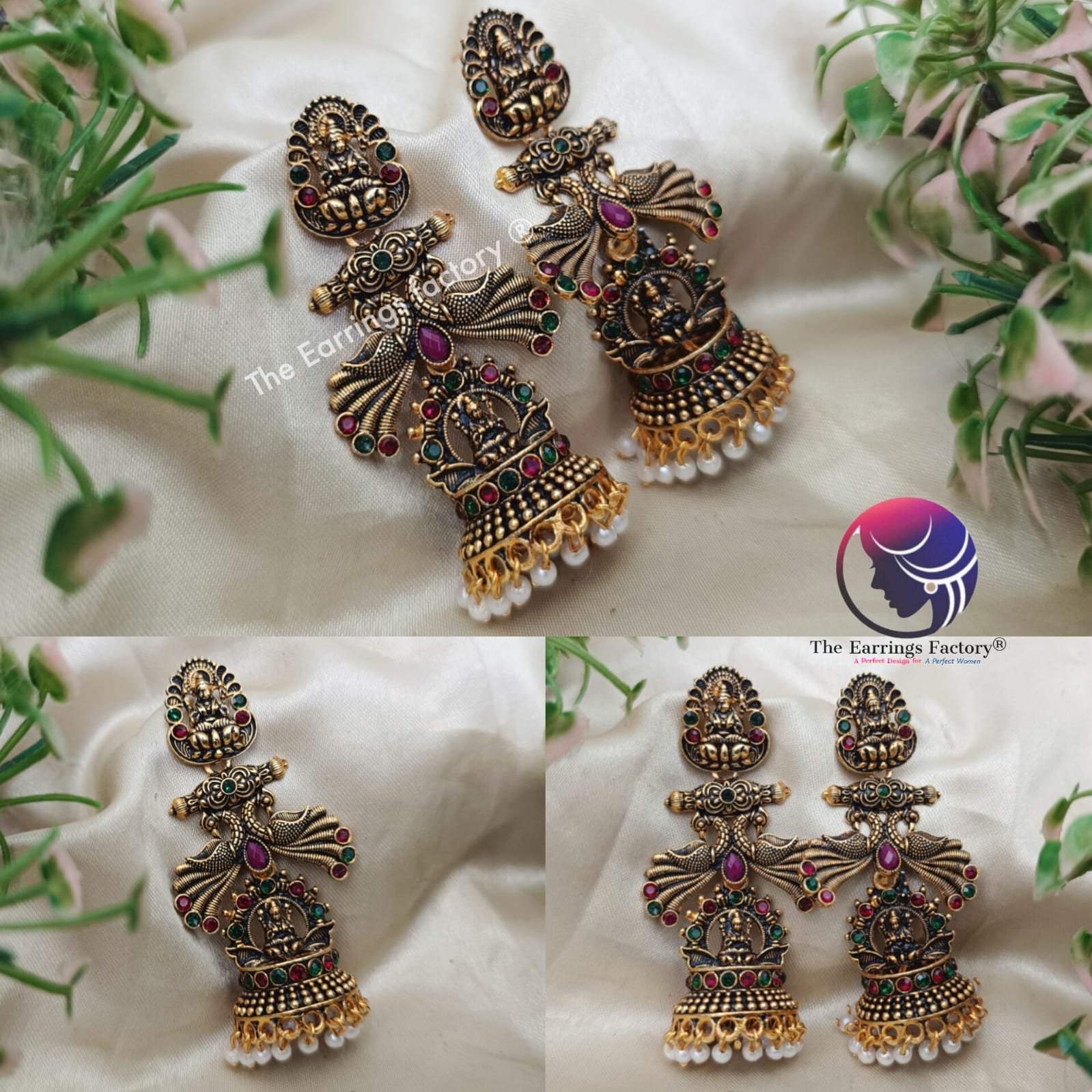 Traditional Weightless Golden Lakshmi Pearl beads Multi Stone temple Jhumka