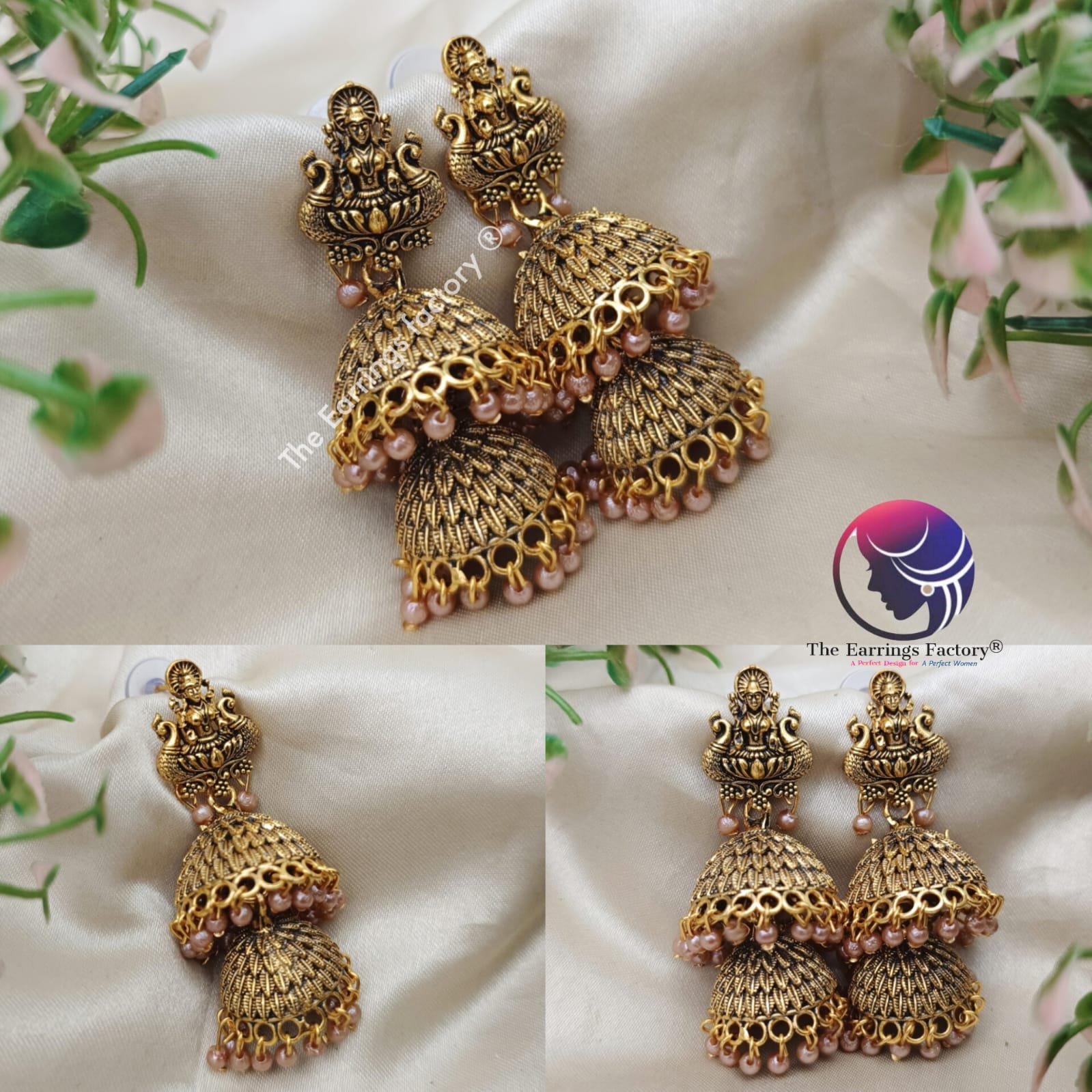 Traditional Weightless Golden Lakshmi Pearl beads Two Layer temple Jhumka