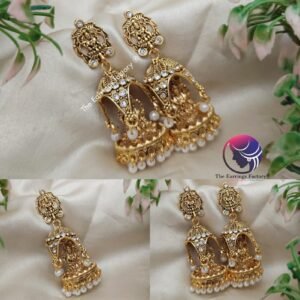 Traditional Golden Lakshmi Pearl beads Stone temple Jhumka