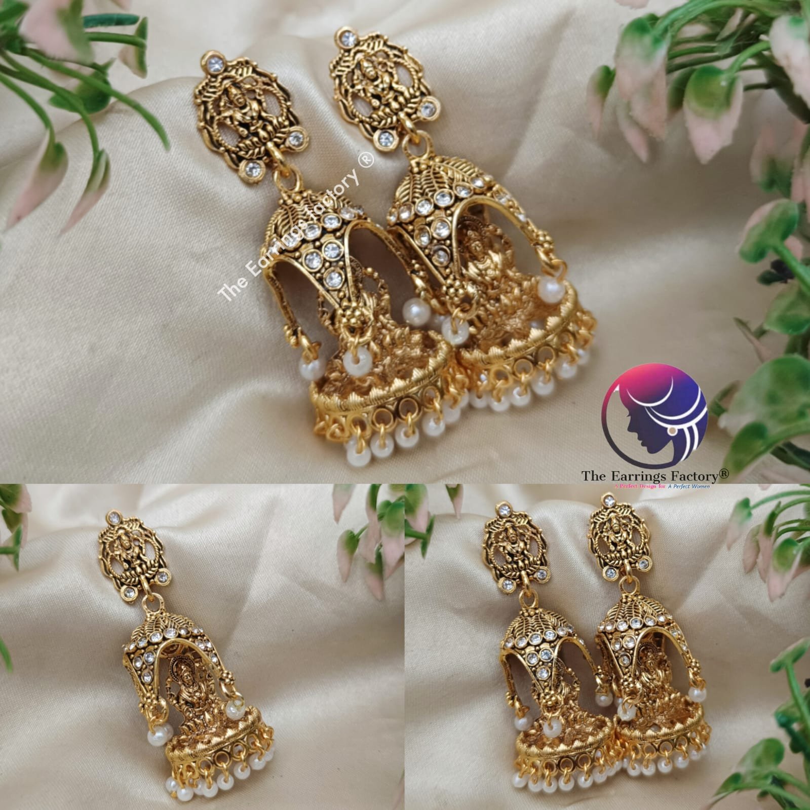 Traditional Golden Lakshmi Pearl beads Stone temple Jhumka