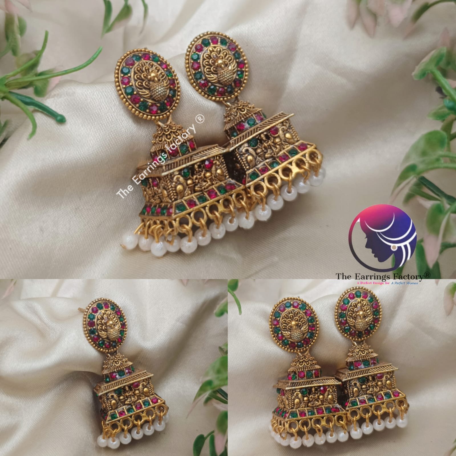 Traditional Golden Lakshmi Pearl beads Multi Stone temple Jhumka