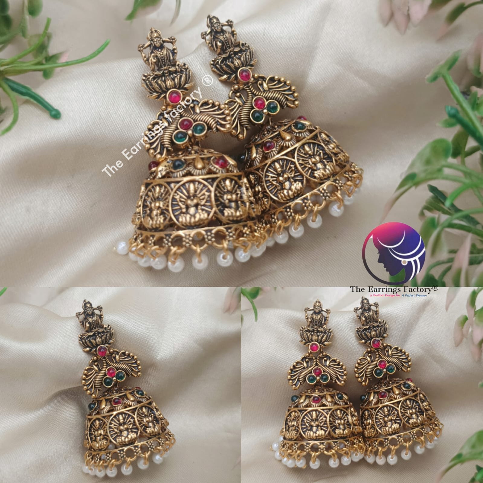 Traditional Golden Lakshmi Pearl beads Multi Stone temple Jhumka