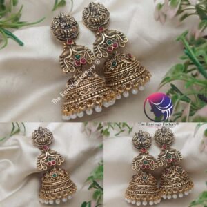 Traditional Golden Lakshmi Pearl beads Multi Stone temple Jhumka