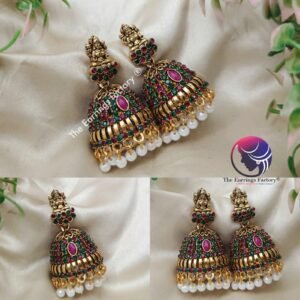 Traditional Golden Lakshmi Pearl beads Multi Stone temple Jhumka
