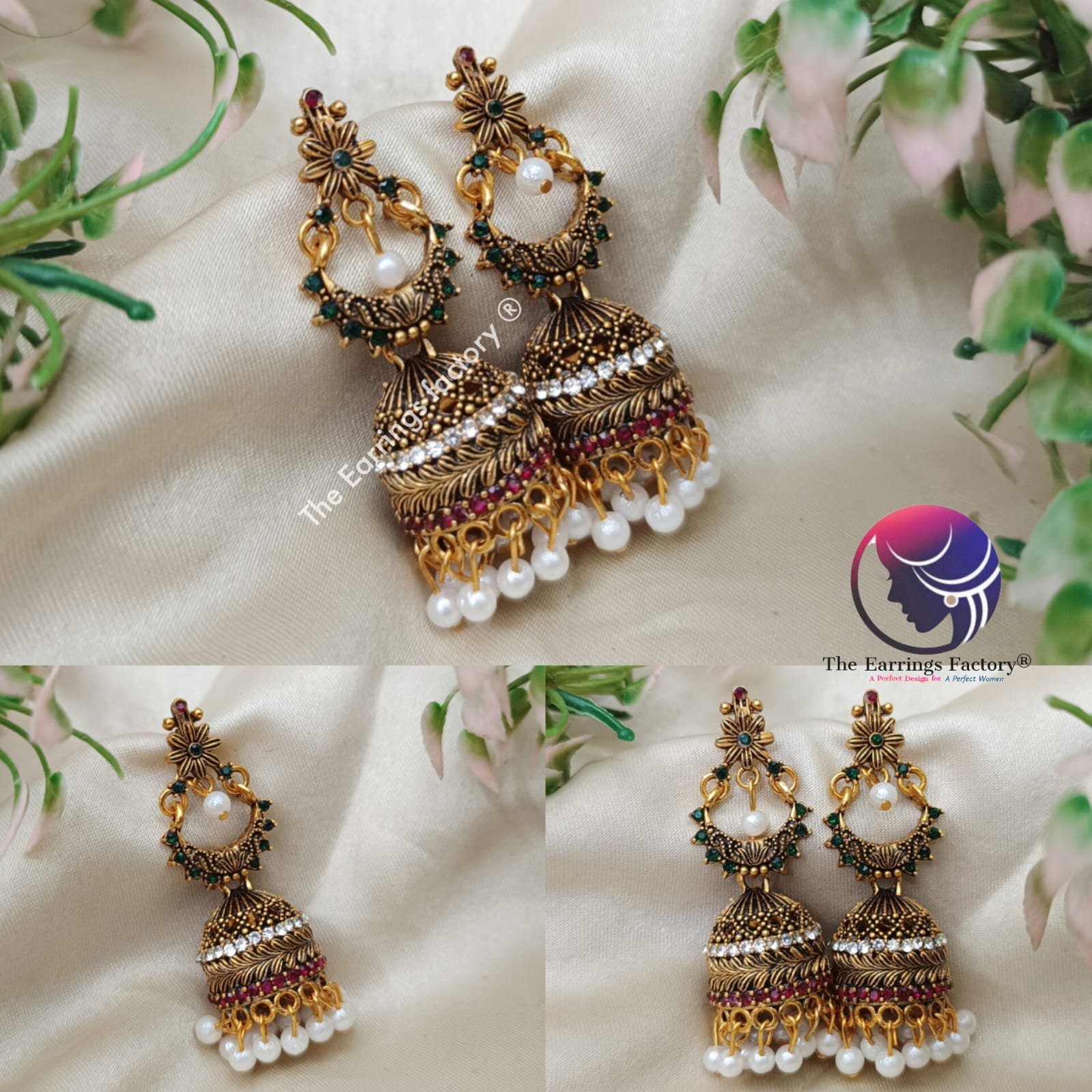 Traditional Golden Pearl Beads Multi Stone Jhumka