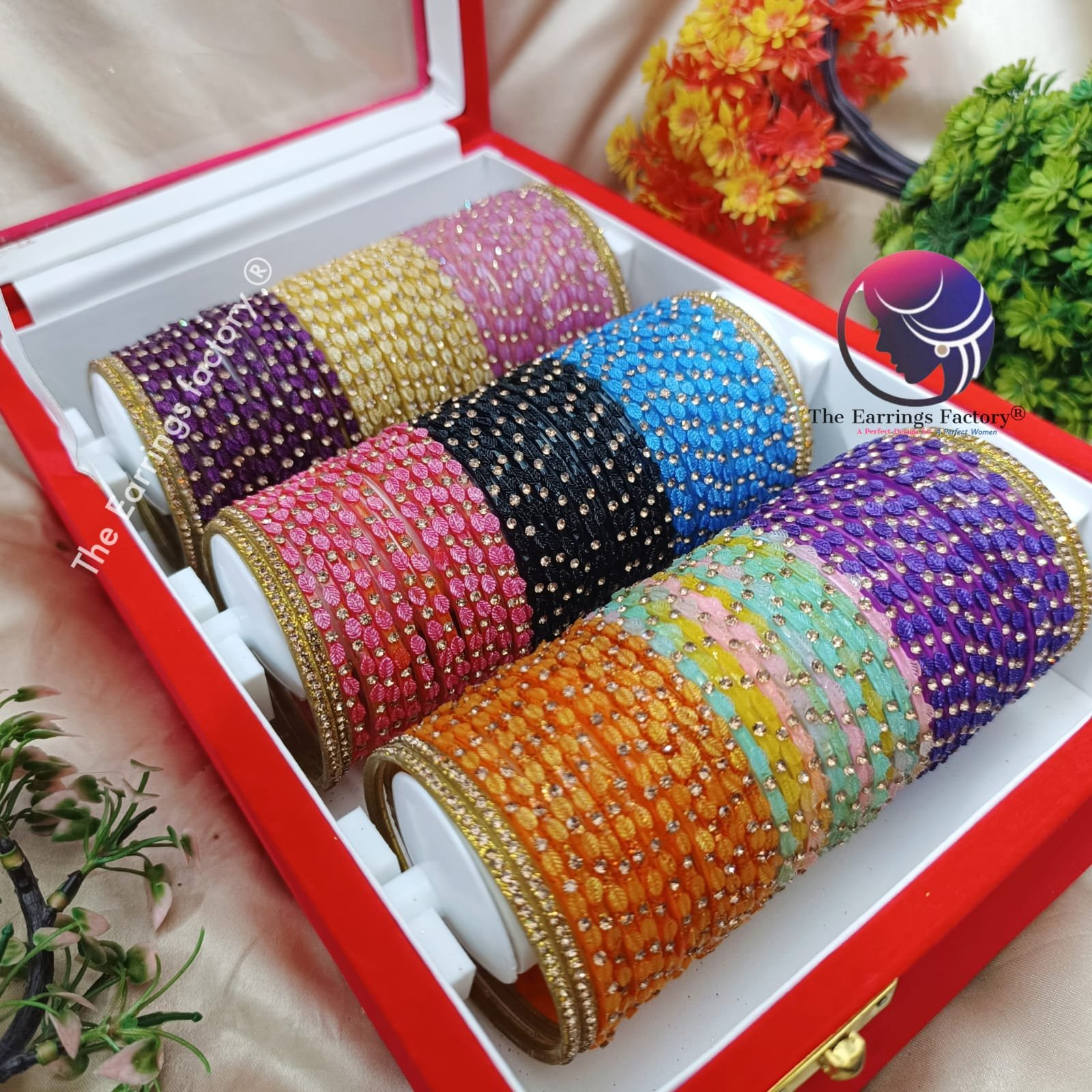 Trending Set of 9 Set Leaf design Glass Bangles With box