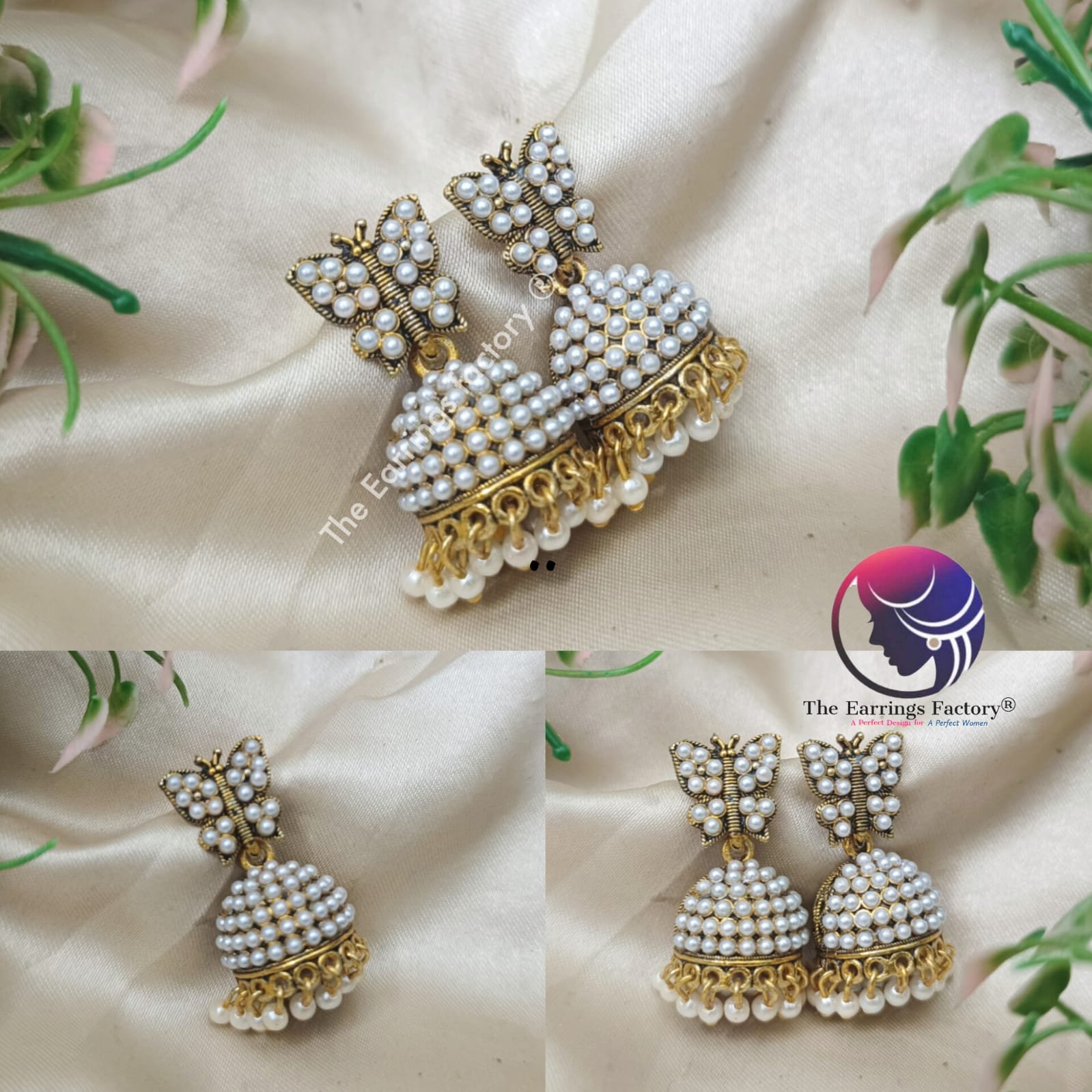 Traditional Golden Butterfly Pearl Bead stone Jhumka