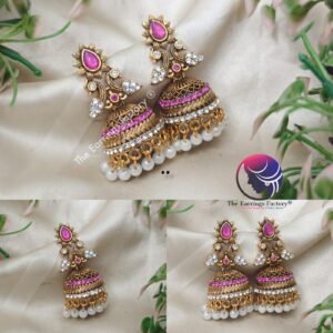 Traditional Golden Pearl Beads Multi Stone Jhumka