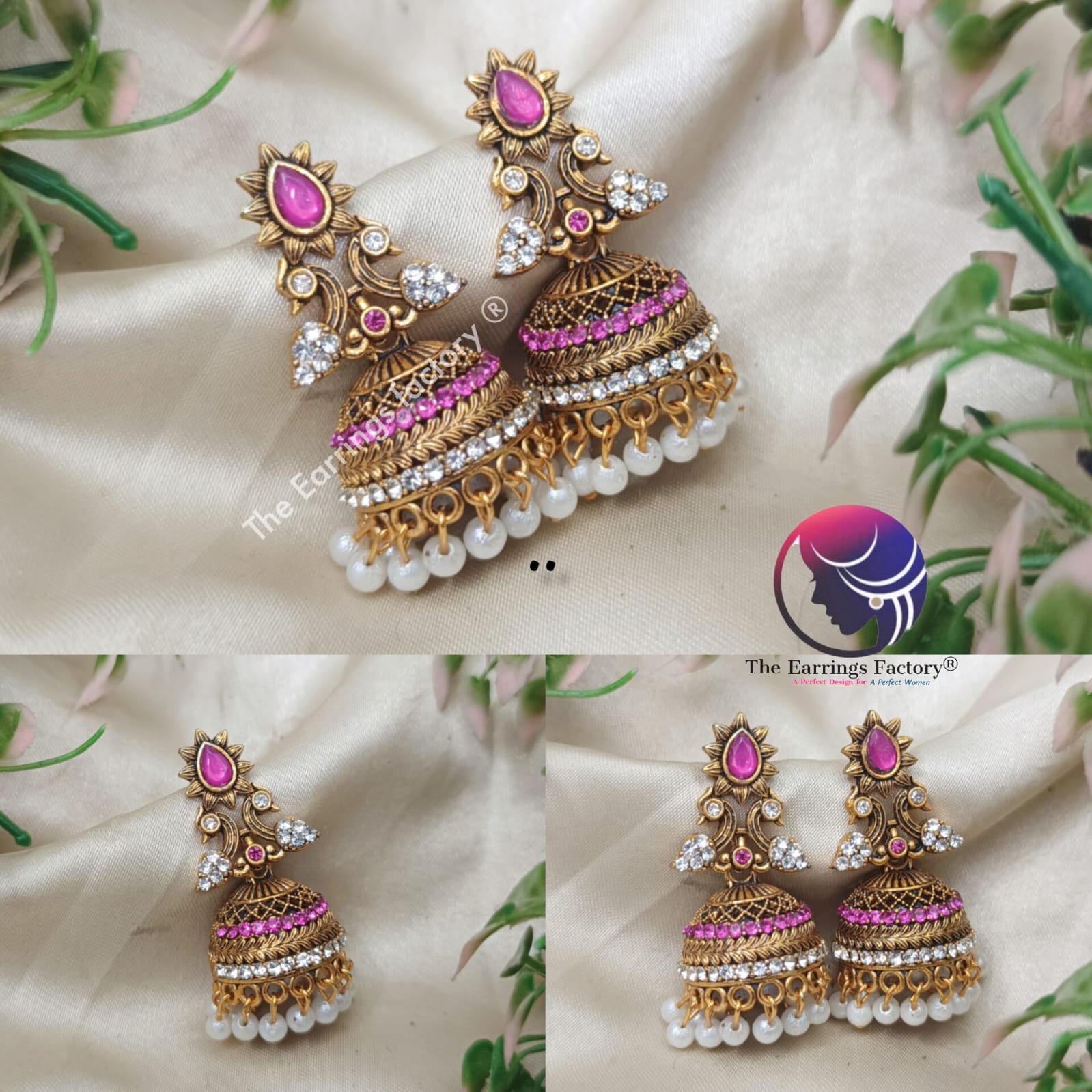 Traditional Golden Pearl Beads Multi Stone Jhumka
