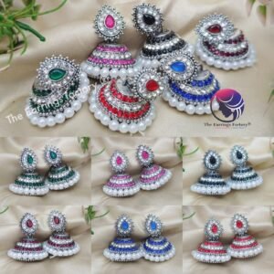 Traditional Silver Colourful Pearl Beads Stone Jhumka
