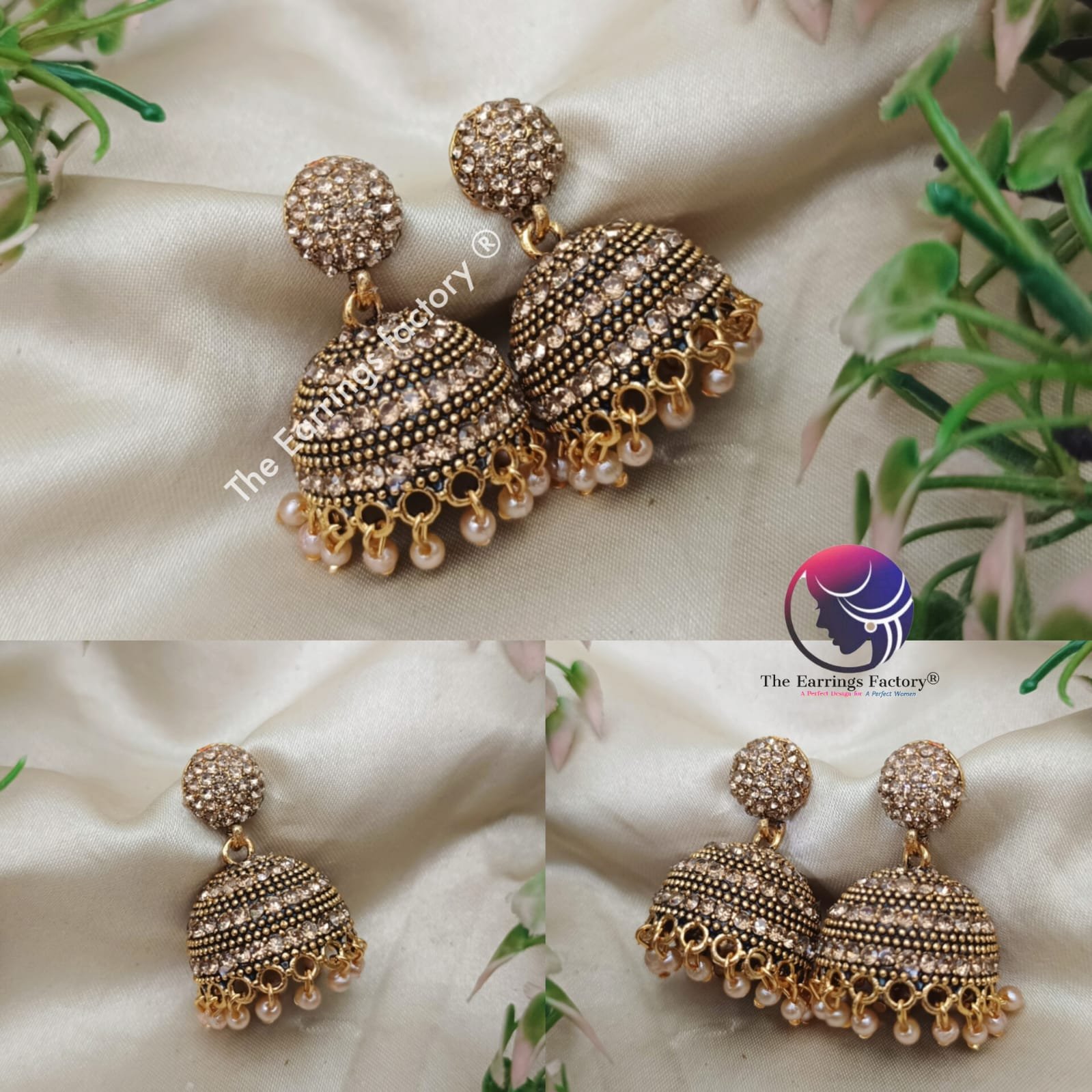 Traditional Weightless Golden Pearl beads stone jhumka