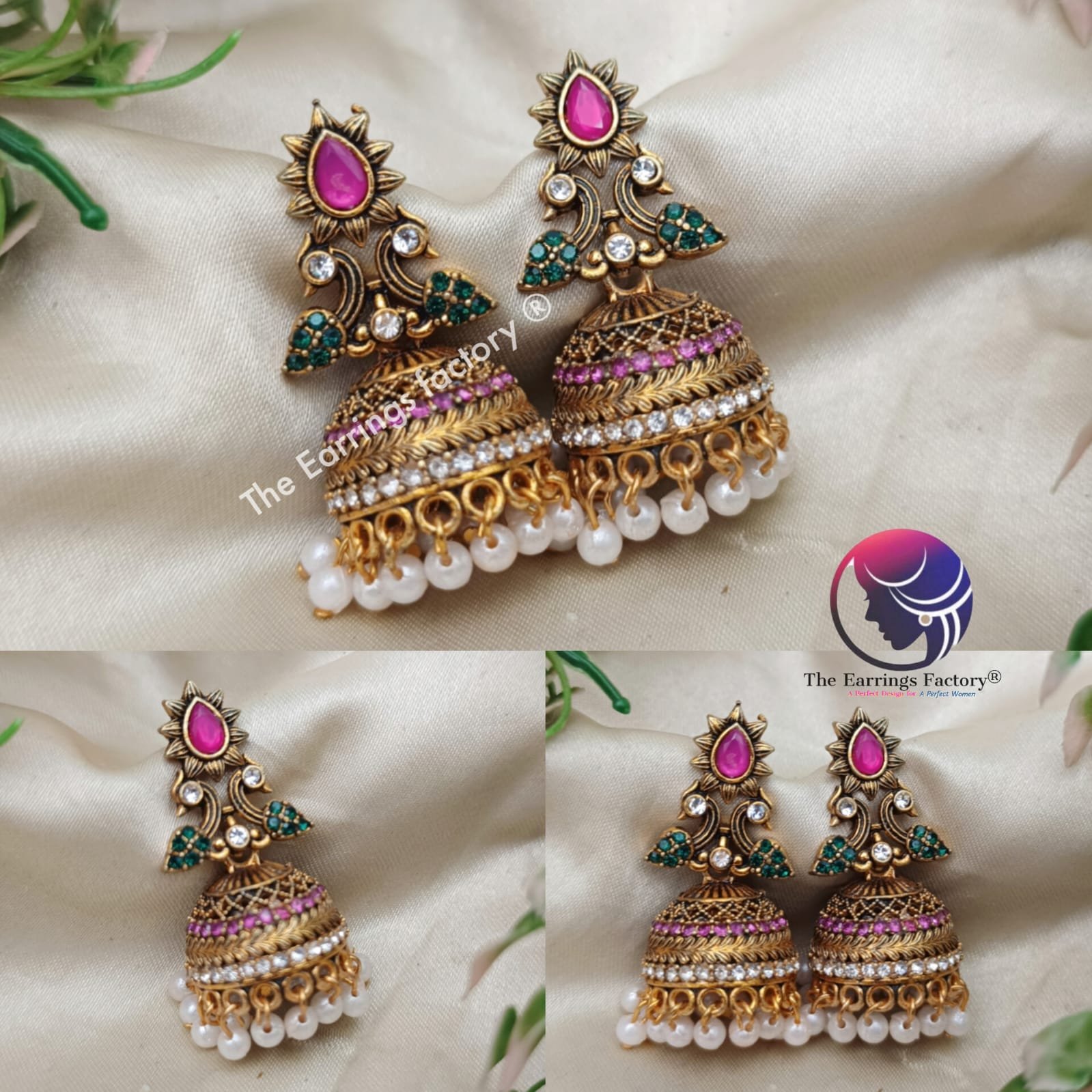 Traditional Golden Pearl Beads Multi Stone Jhumka