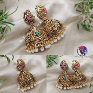 Traditional Golden Peacock Pearl beads Stone Jhumka