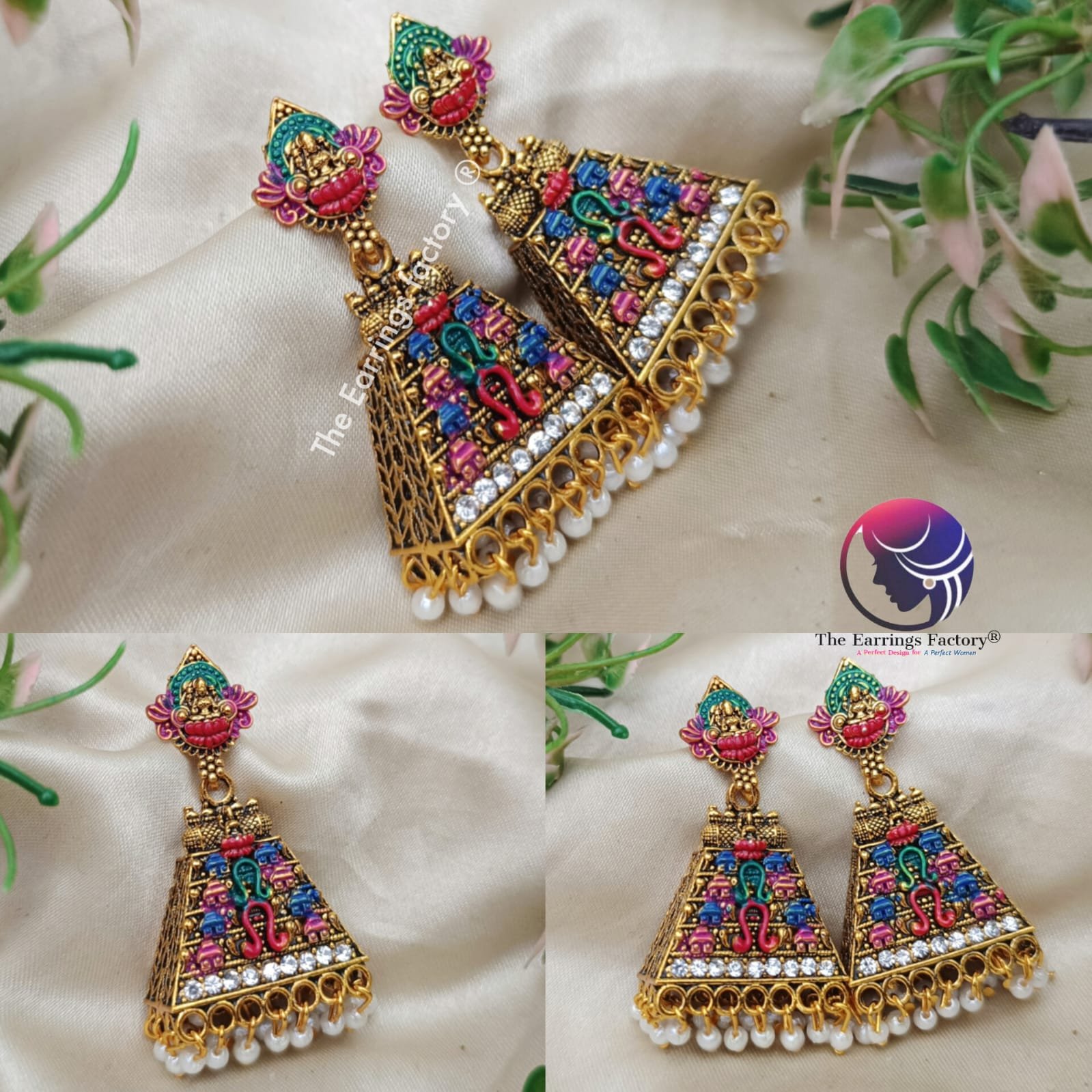Traditional Gopuram Multi colour Golden Temple Jhumka