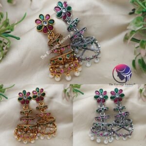 Traditional Golden Pearl beads floral Multi stone Layer jhumka