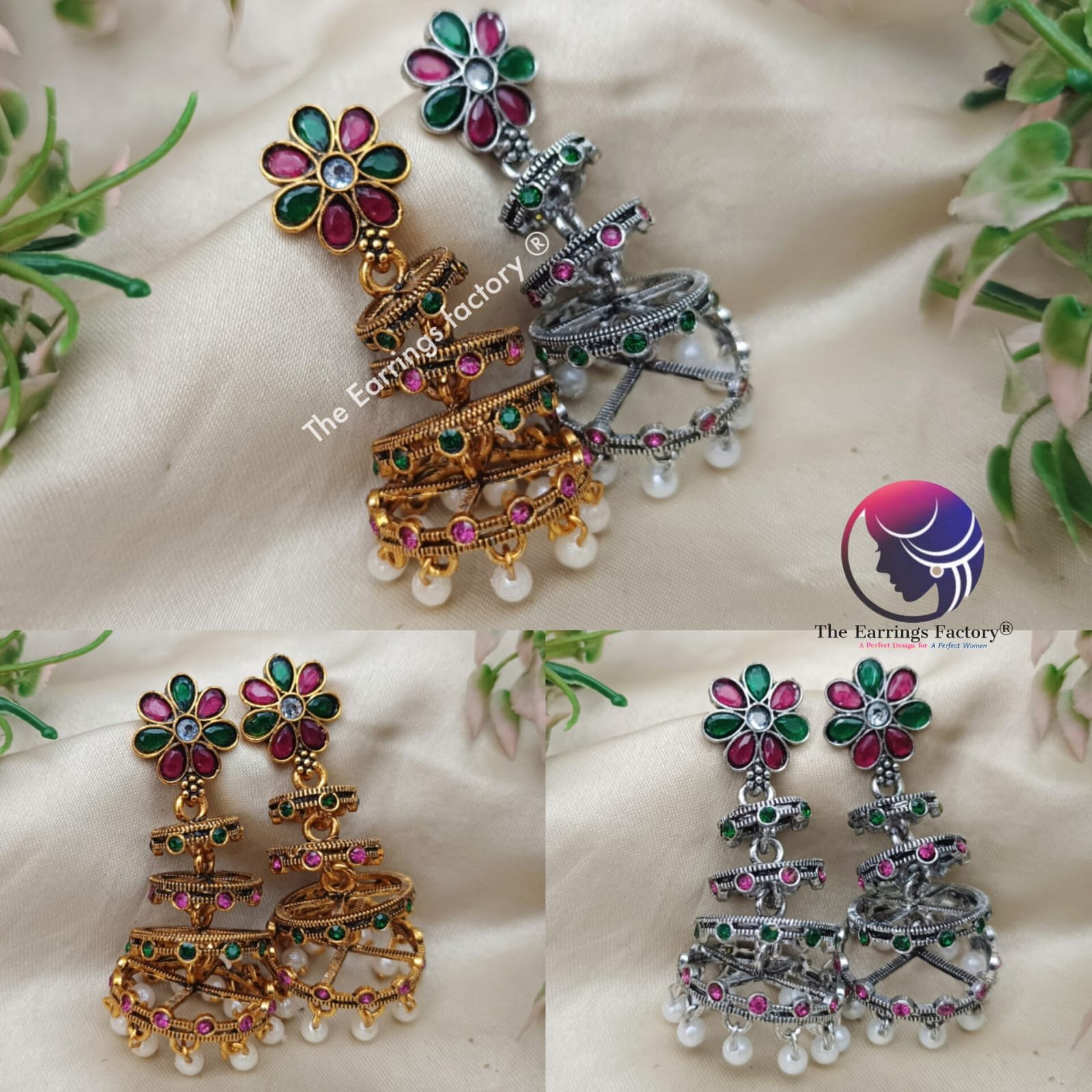 Traditional Golden Pearl beads floral Multi stone Layer jhumka
