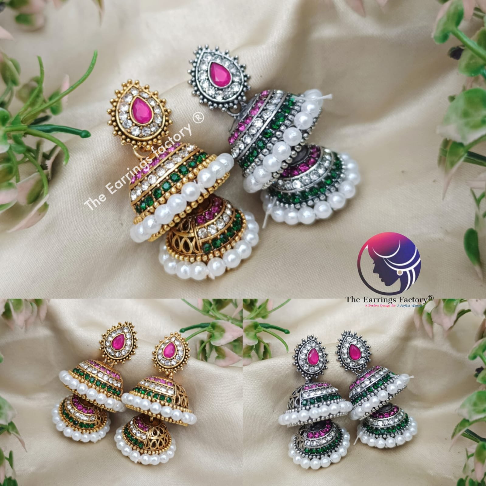 Traditional Golden Pearl beads Multi stone Layer jhumka