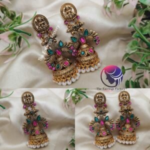 Traditional Weightless Golden Lakshmi Pearl beads Multi Stone temple Jhumka