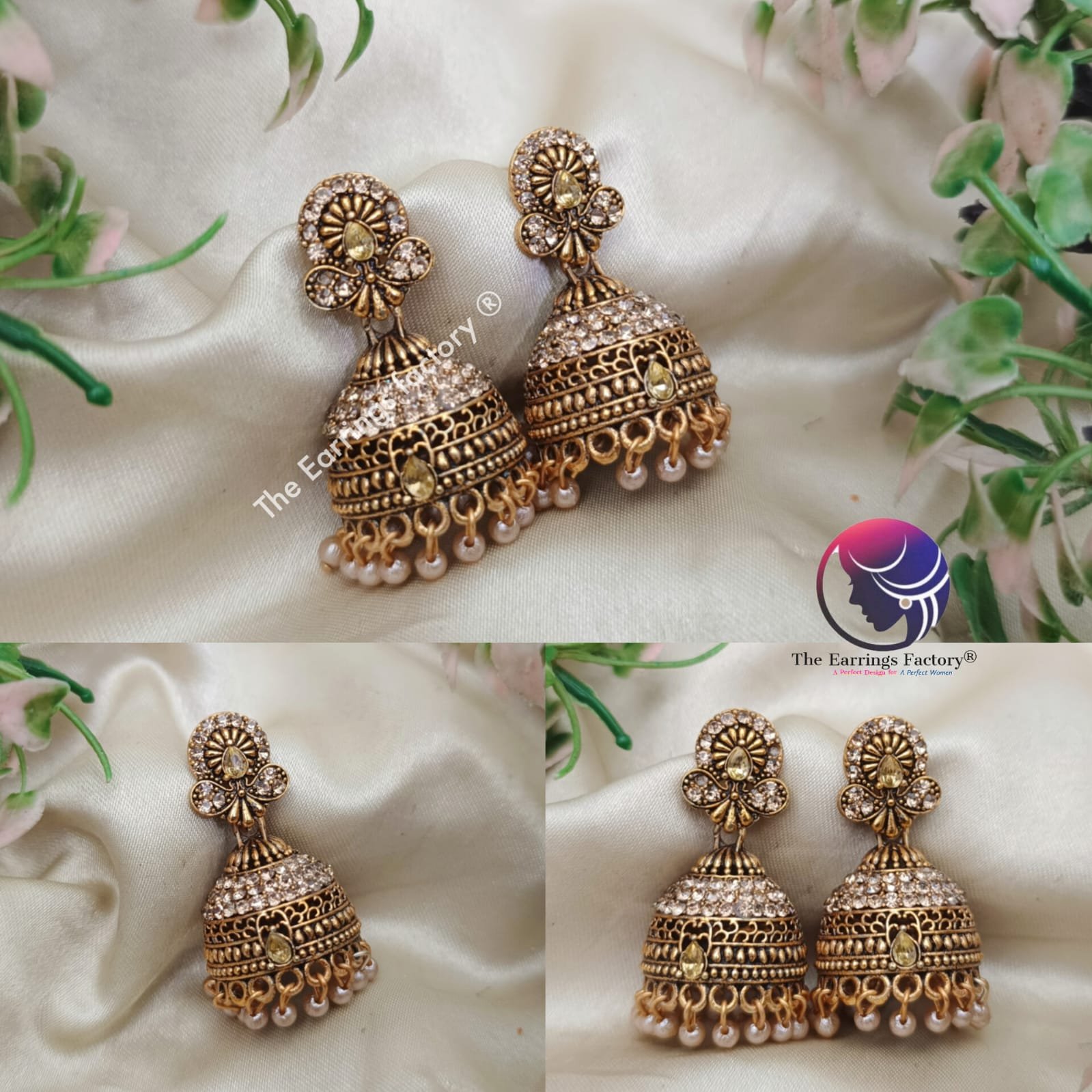 Traditional Golden Pearl beads stone jhumka