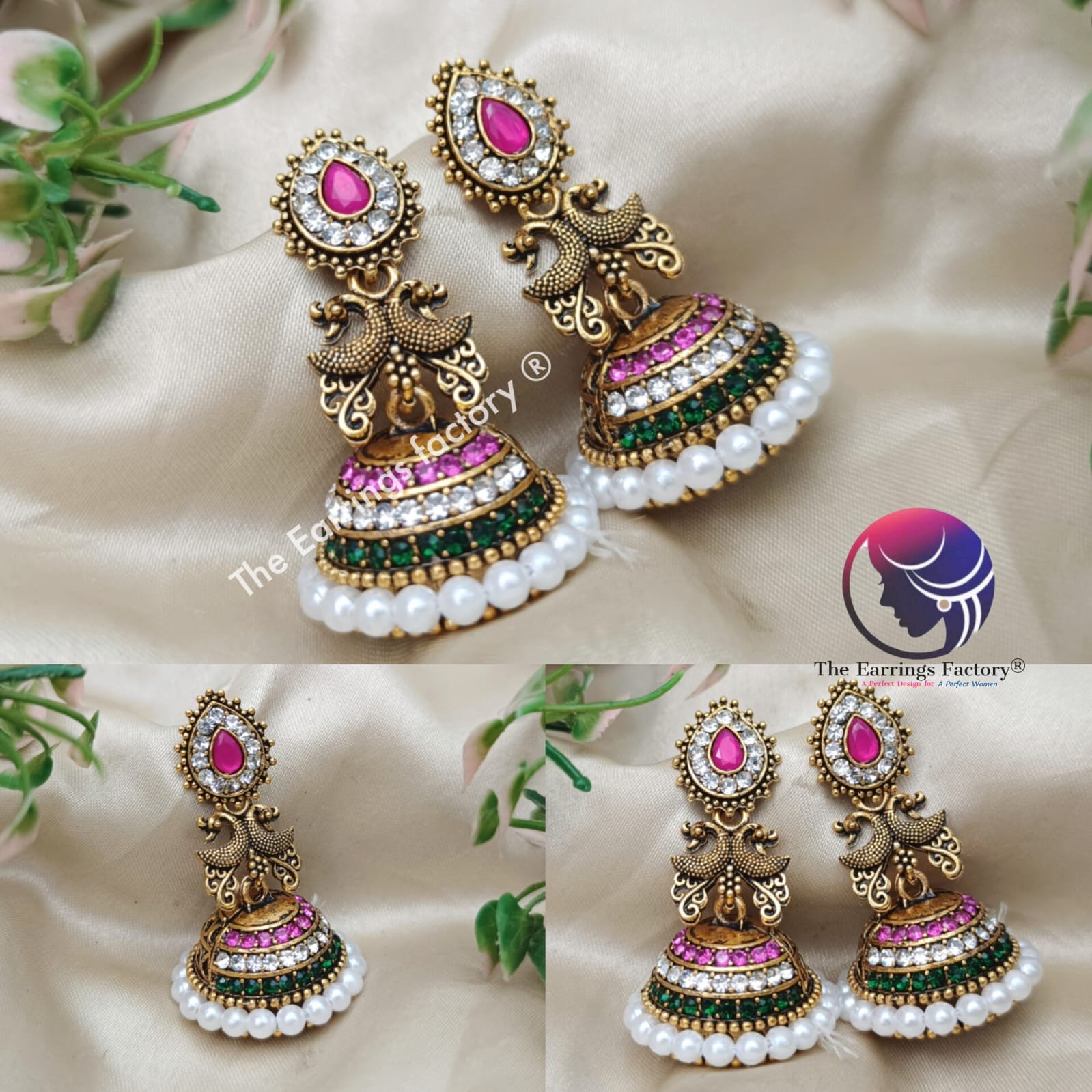 Traditional Golden Pearl beads Multi stone jhumka