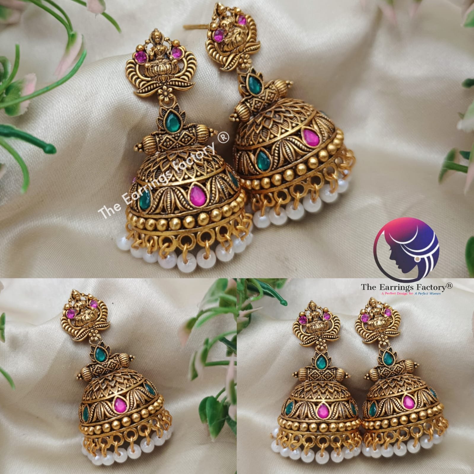 Traditional Golden Lakshmi Pearl beads Stone temple Jhumka