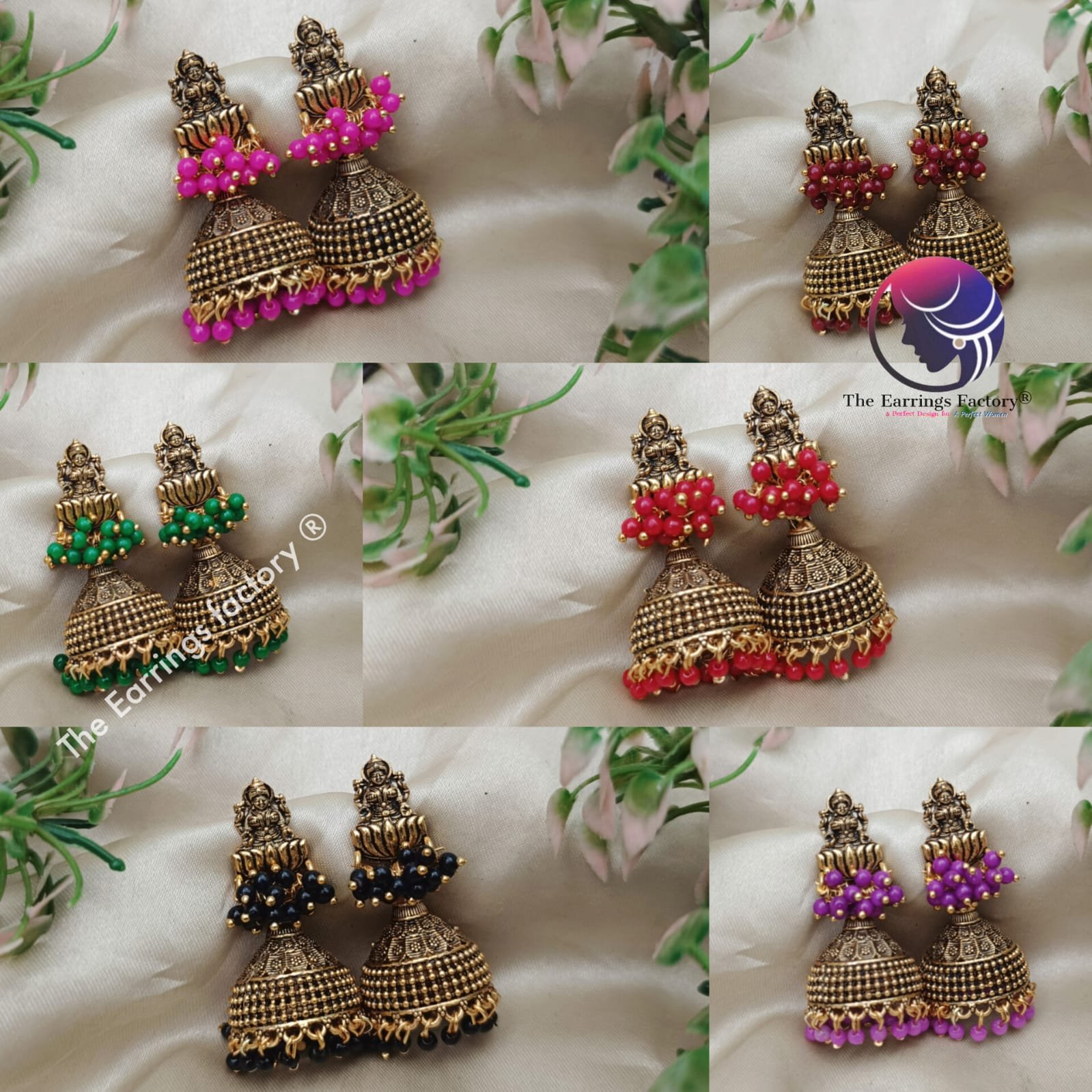 Traditional Golden lakshmi Colourful Pearl beads stone Temple jhumka