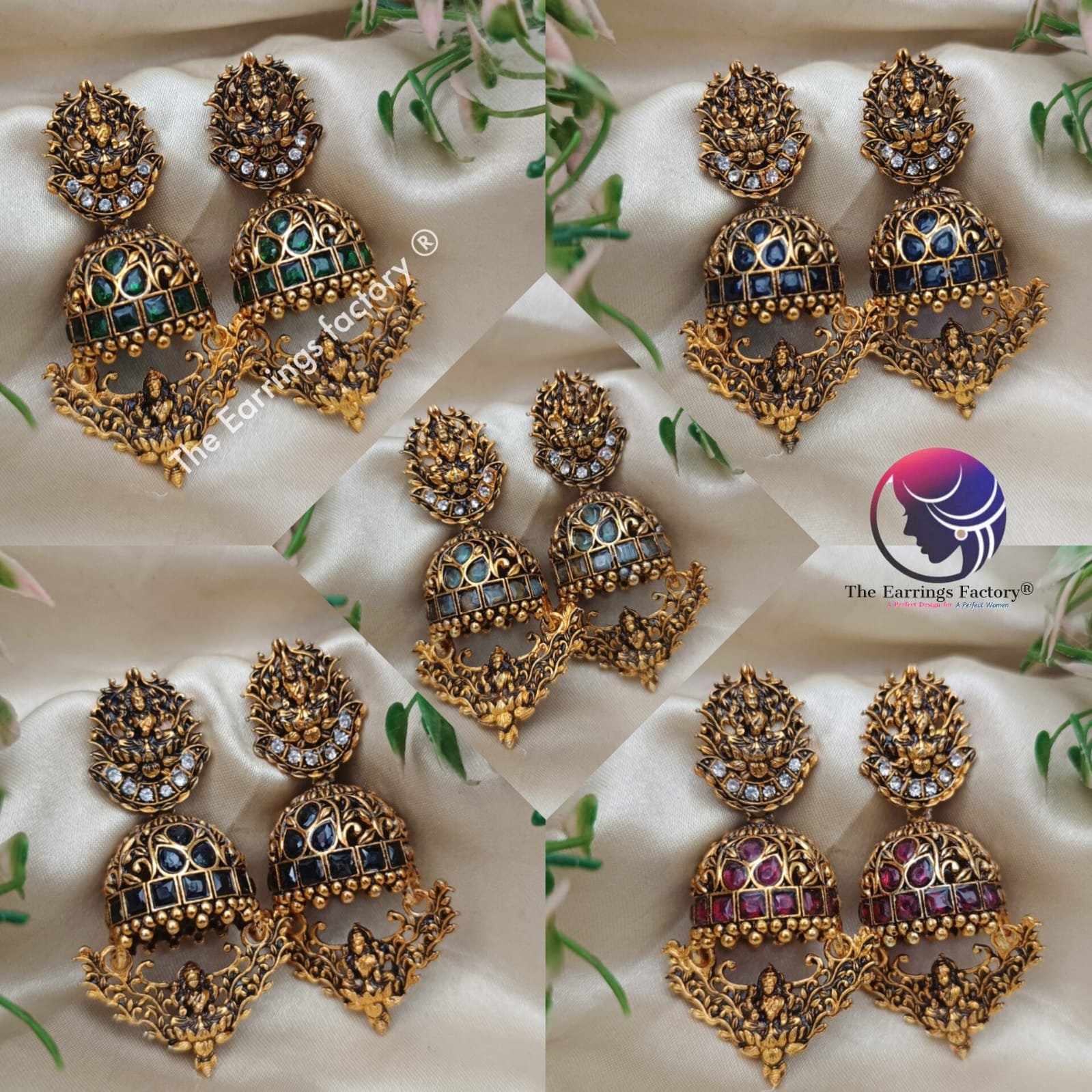 Traditional Golden lakshmi Colourful stone Temple jhumka