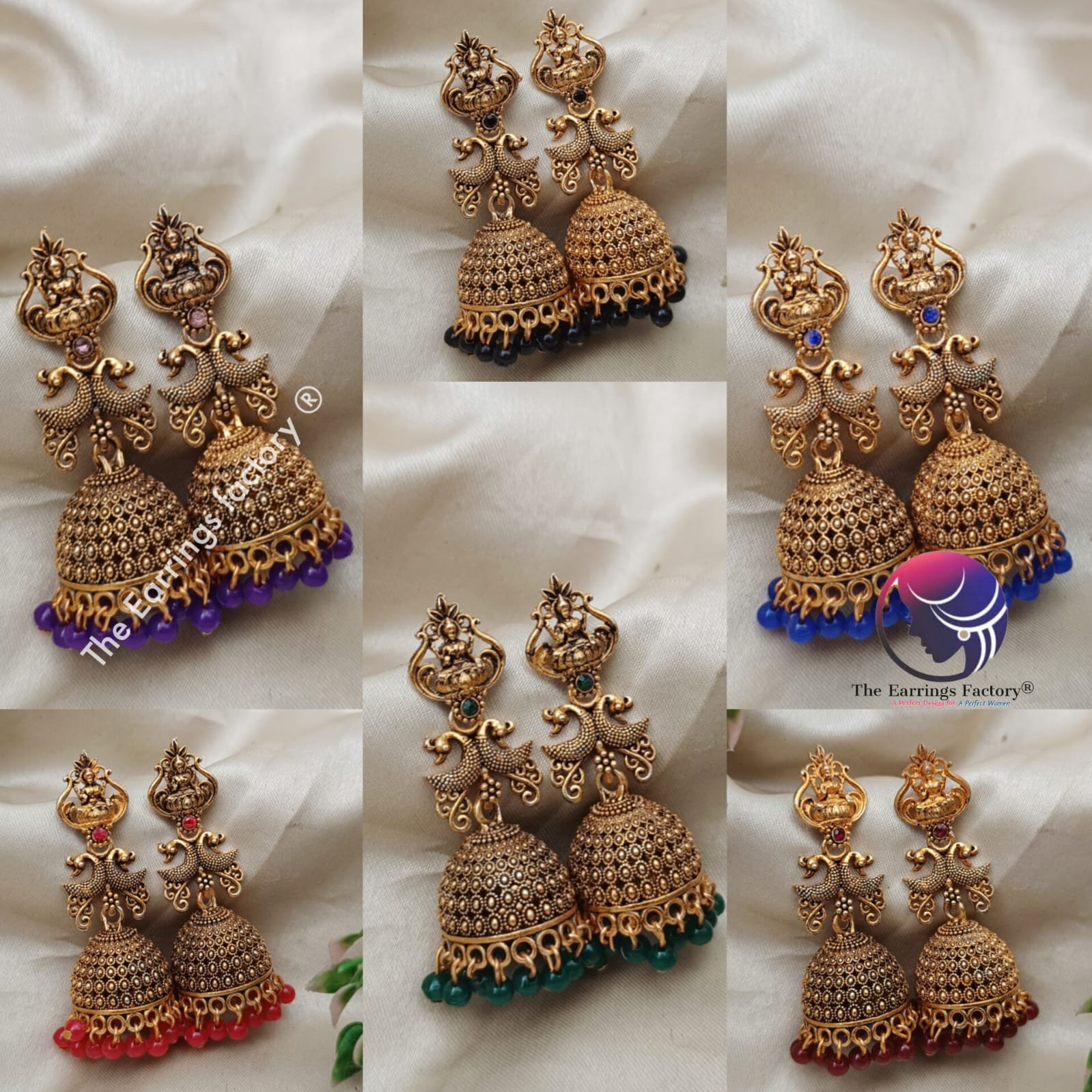Traditional Golden Lakshmi Colourful Pearl Beads Stone Jhumka