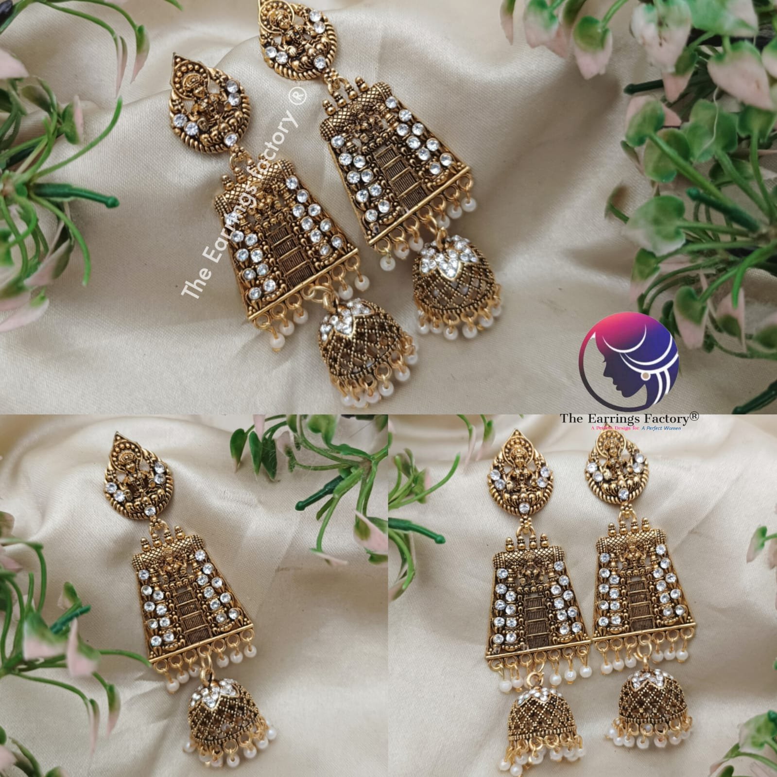 Traditional Golden Gopuram White stone Long Earrings Jhumka