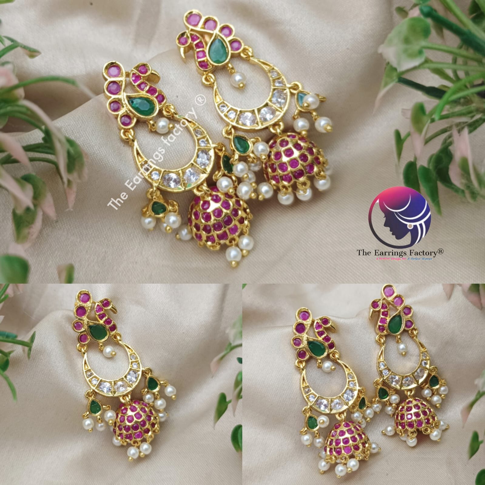 Traditional Antique Premium Multi Stone  Screw Back AD Stone  Peacock Jhumka
