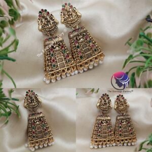 Traditional Gopuram Golden Lakshmi Multi Stone Jhumka