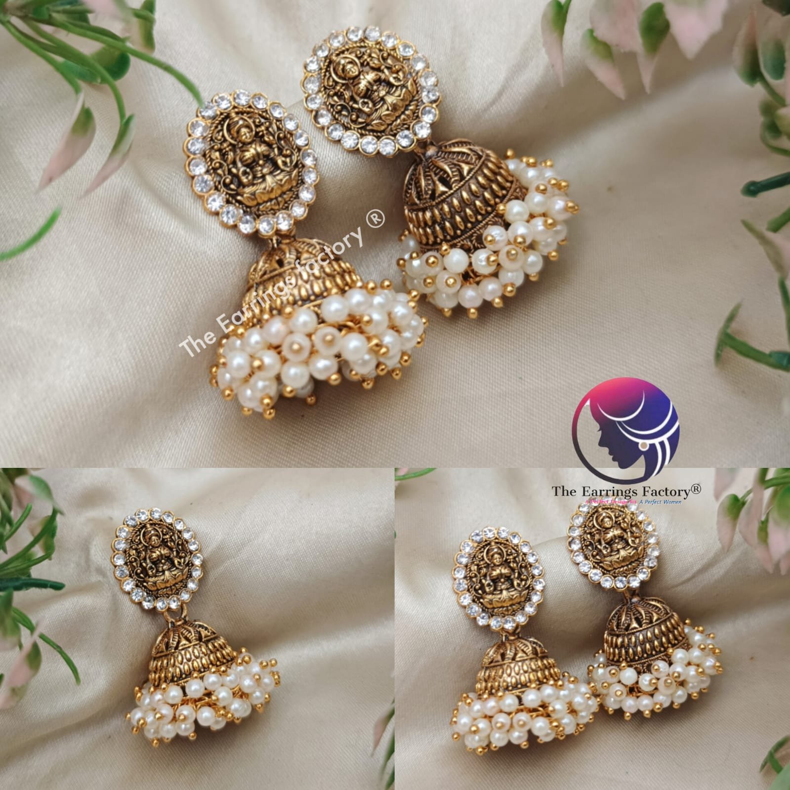 Traditional Golden Lakshmi White Stone Pearl Beads temple Jhumka