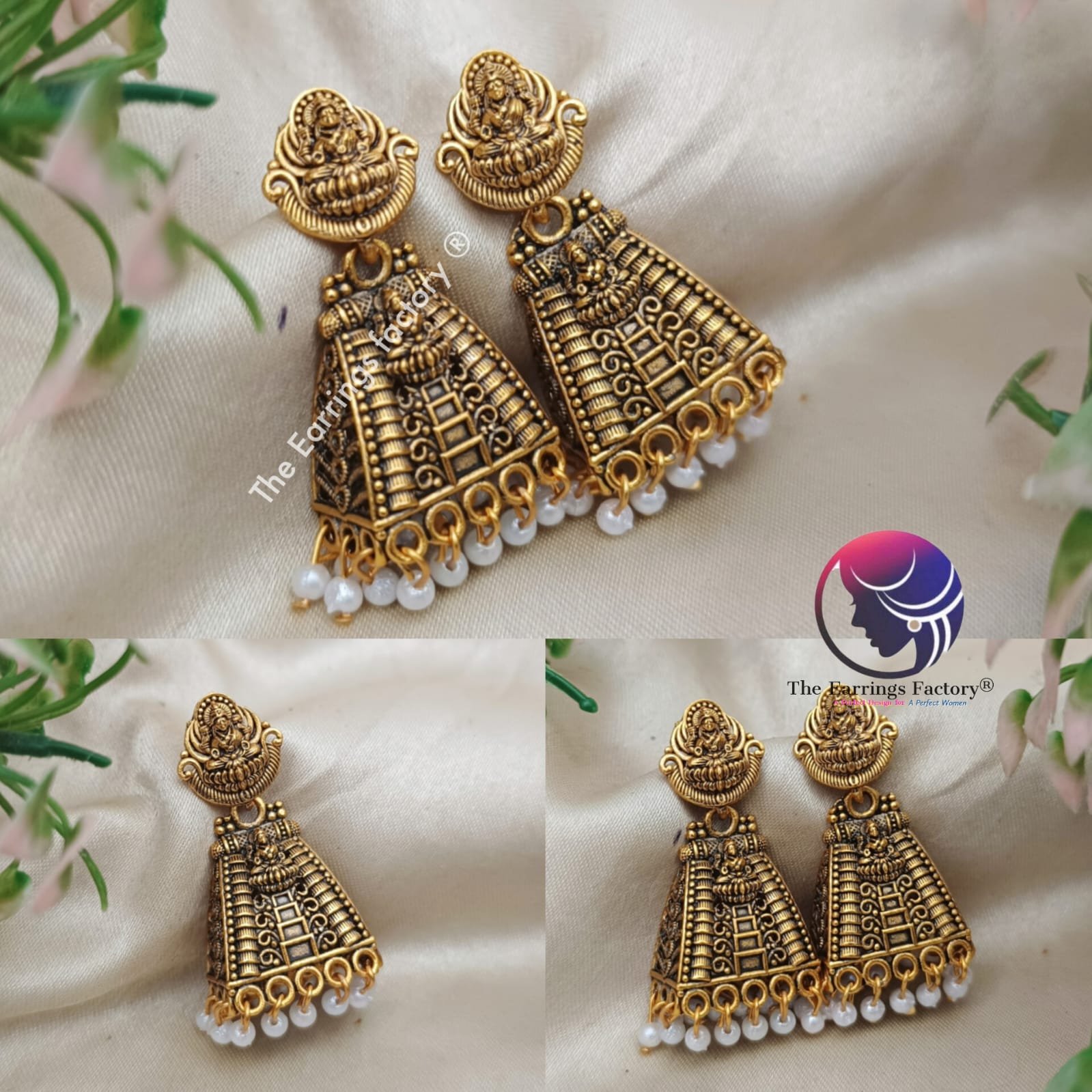 Traditional Gopuram Golden Pearl beads Lakshmi Jhumka
