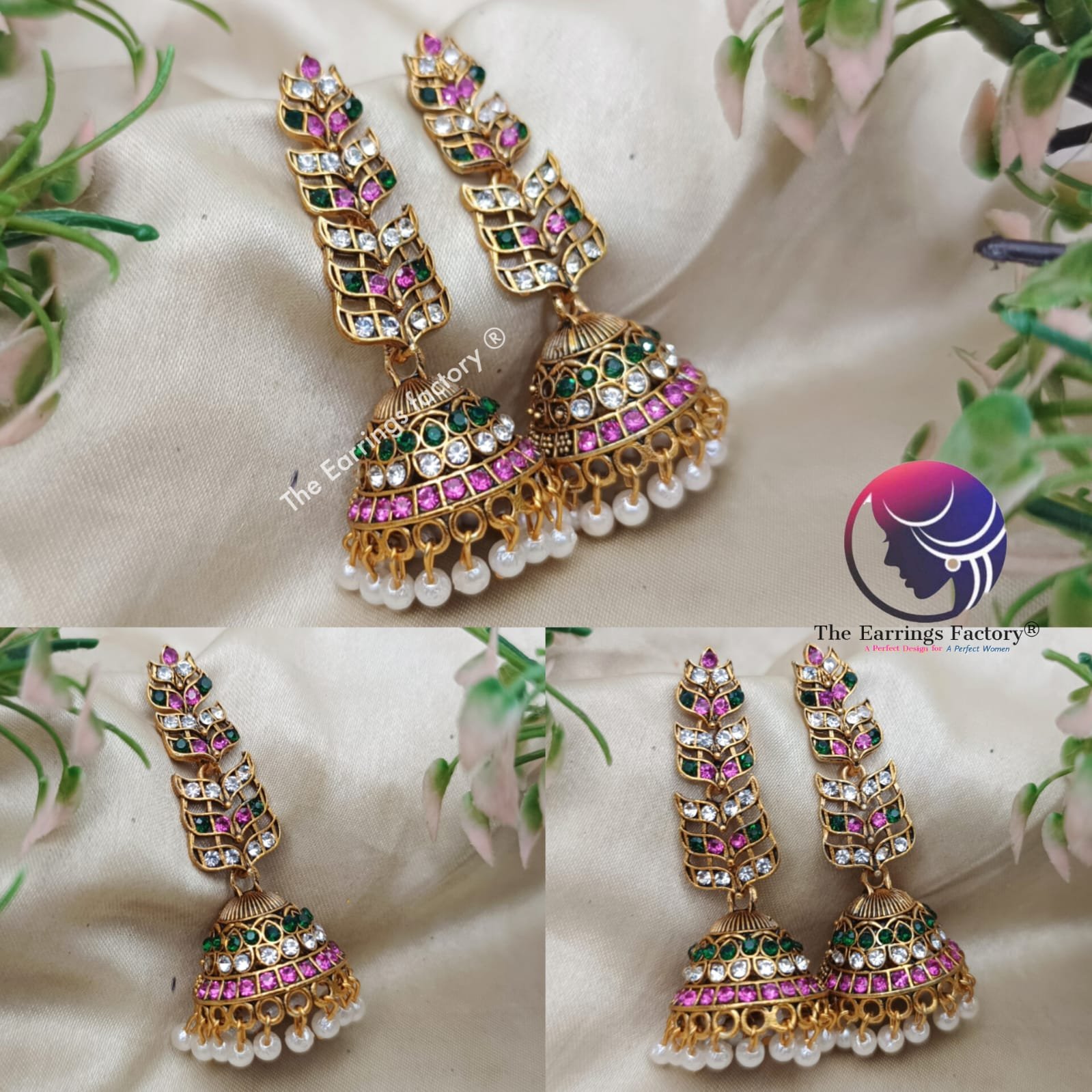Traditional Golden Pearl beads Multi stone jhumka