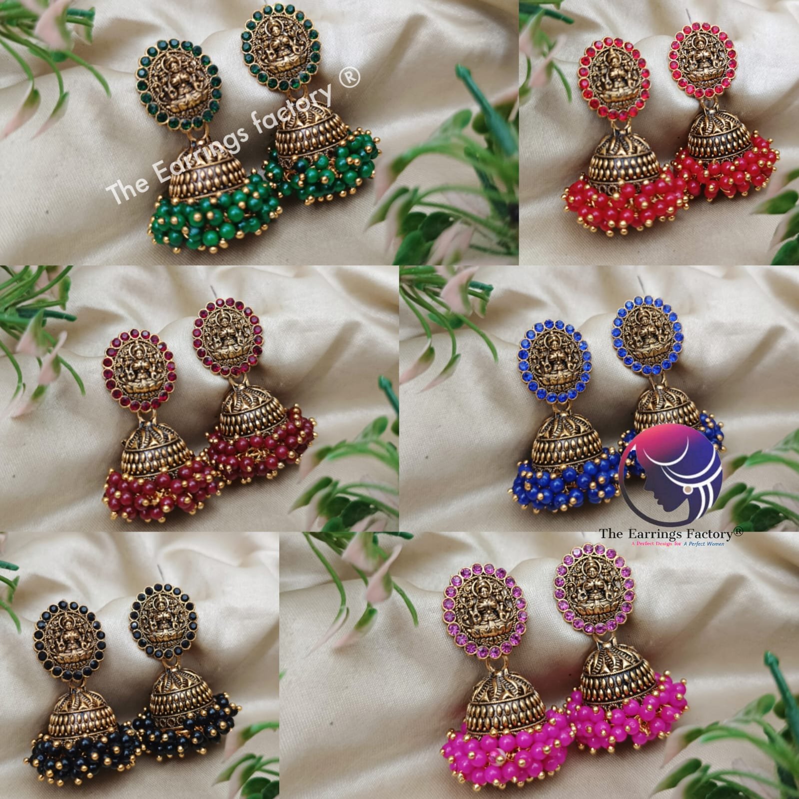 Traditional Golden lakshmi Colourful Pearl beads stone Temple jhumka