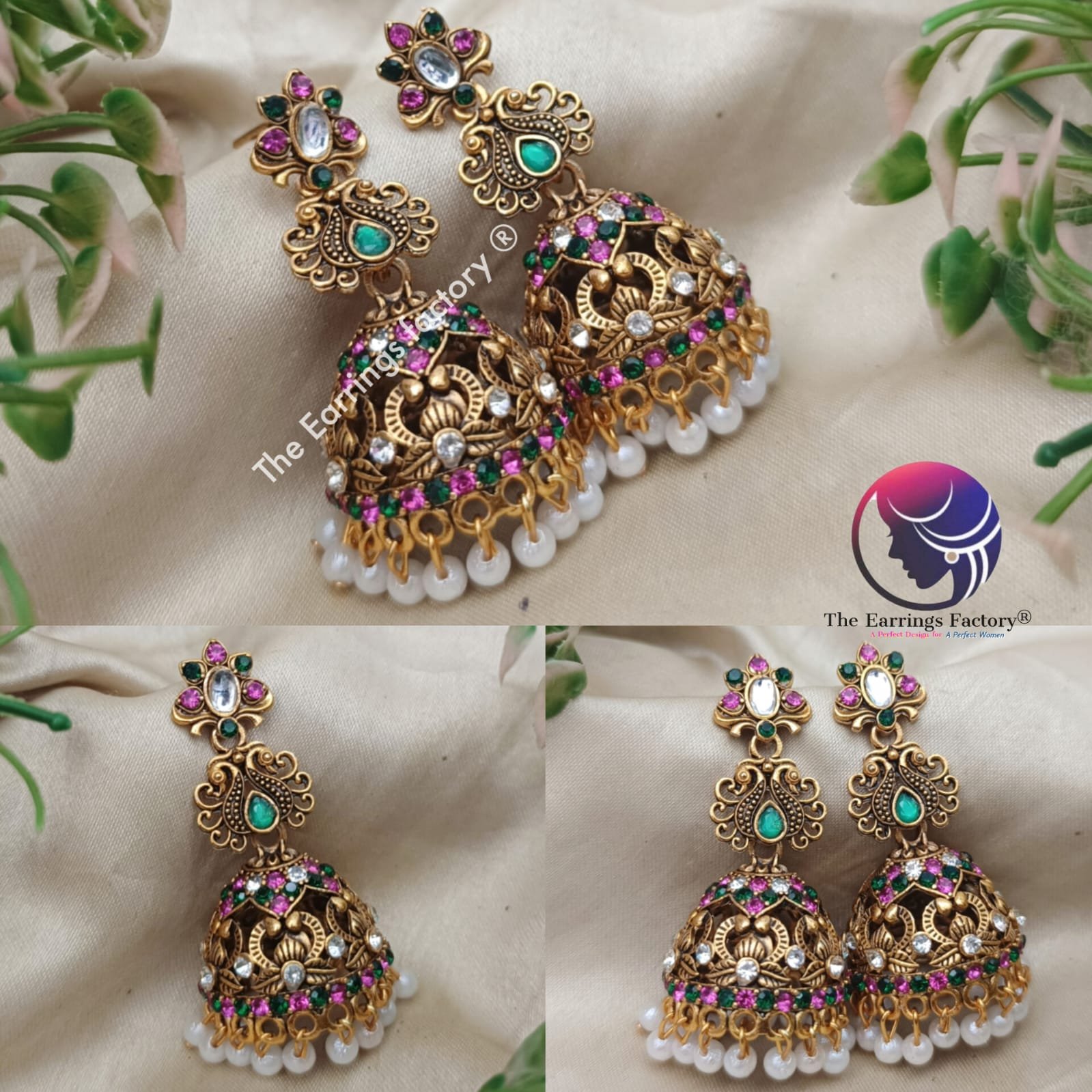 Traditional Golden Pearl Beads Multi Stone Jhumka
