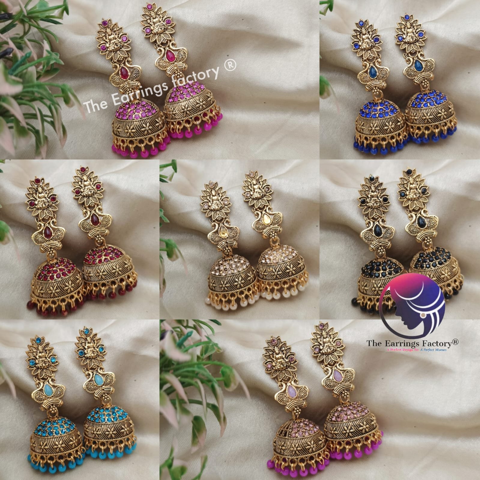 Traditional Golden Lakshmi Colourful Pearl Beads Stone Jhumka