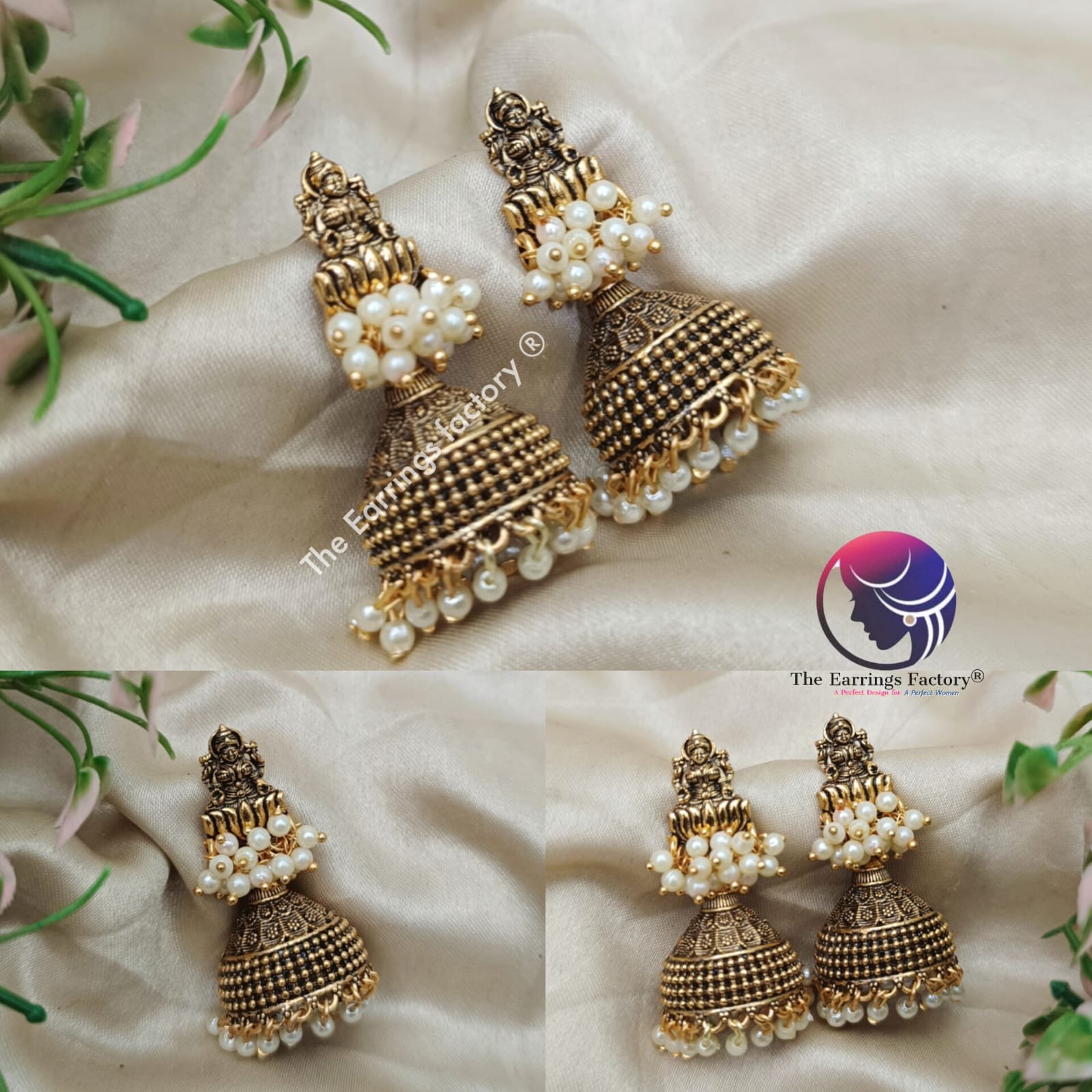 Traditional Golden Lakshmi Pearl Beads temple Jhumka
