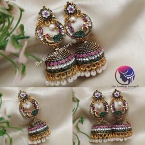 Traditional Golden Peacock Colourful Pearl Beads Floral Multi Stone Jhumka
