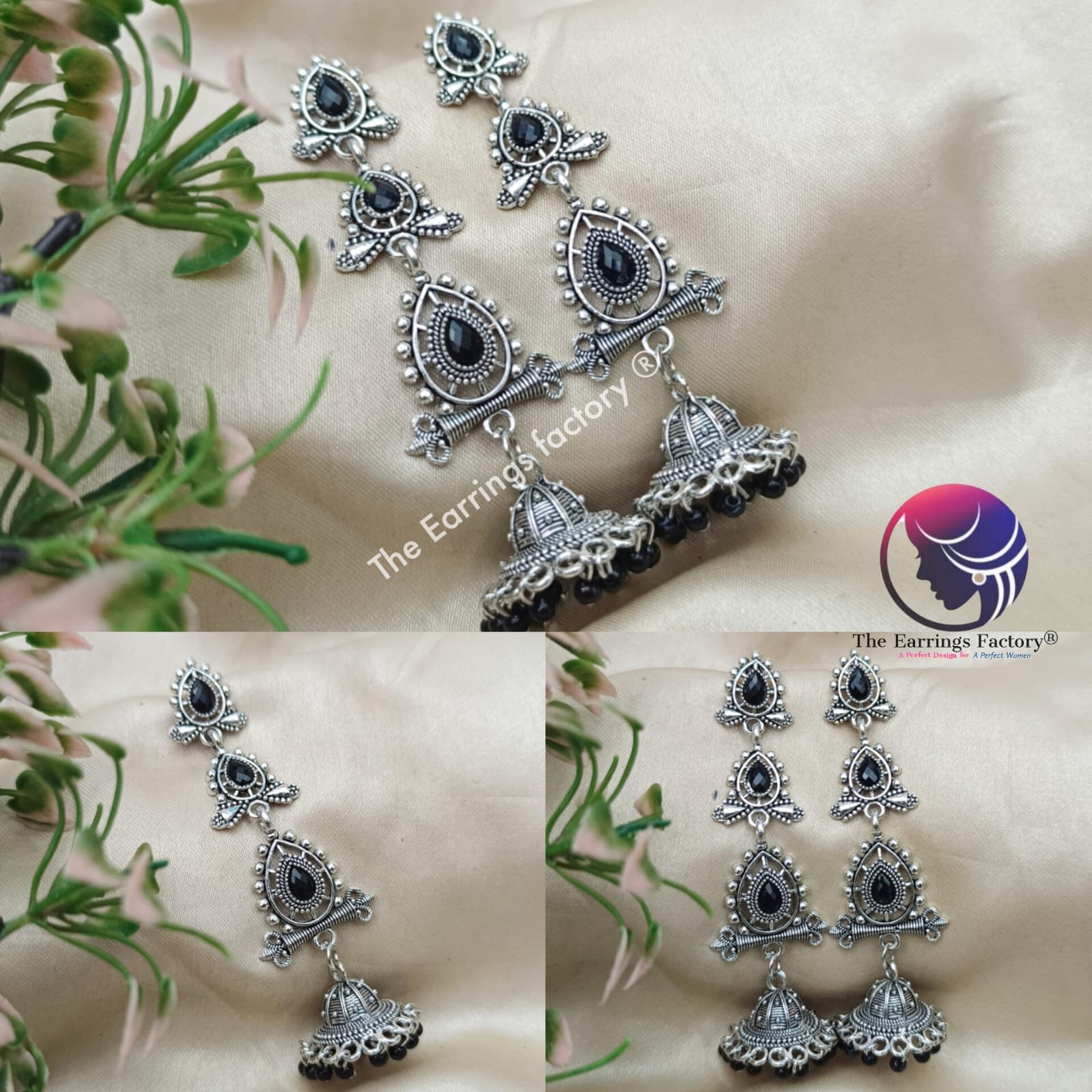 Trending Weightless Silver Black Stone Pearl Beads Long Jhumka